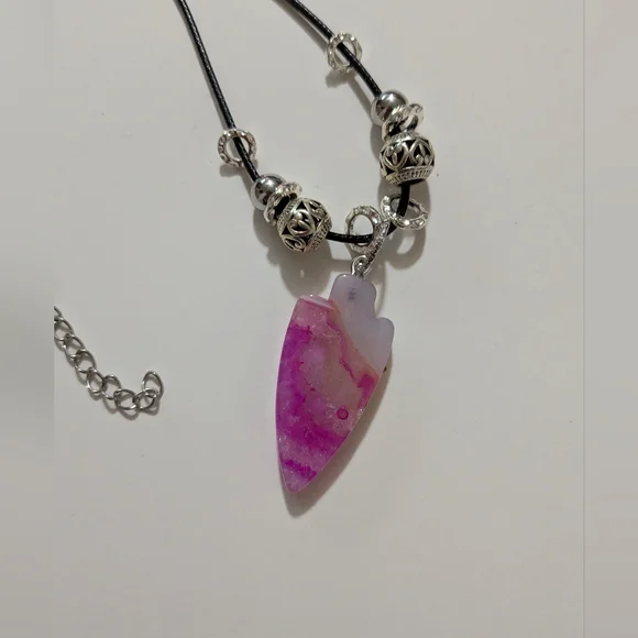 Handmade White & Pink Druzy Arrowhead Silver Beaded Necklace - Picture 7 of 14